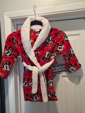 Disney Kids Red Minnie Mouse Plush Robe with White Sherpa Trim